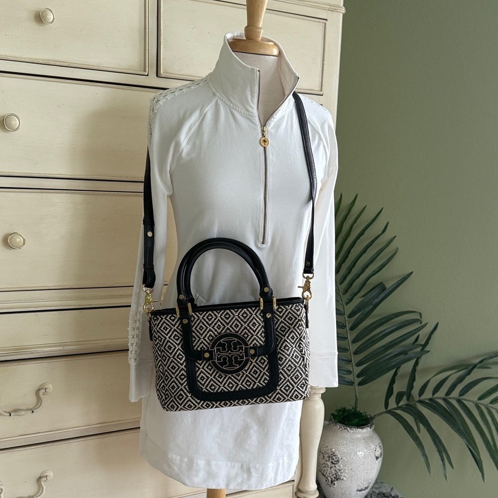 Tory Burch Amanda in Raffia Black and Cream Satchel